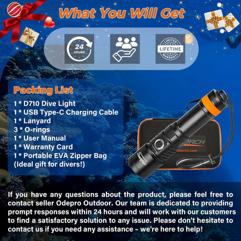 Beast Mode 3000 Lumen Underwater Dive Light With 6 Degree Narrow Beam For Night Dives IP68 Waterproof Submersible Torch Up To 150 Meters Black Rugged Aluminum Body, showing packing list and accessories on a blue marine background.