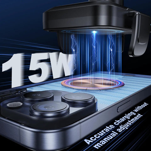 Hassle Free Wireless Car Charger With Intelligent Auto Grip Mount And Cup Slot Tray charging a smartphone wirelessly at 15W.