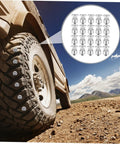 Killer Winter Tire Studs For Cars Trucks And Motorcycles Tungsten Steel Spikes, close-up of tire with tungsten studs in terrain.