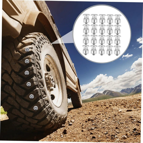 Killer Winter Tire Studs For Cars Trucks And Motorcycles Tungsten Steel Spikes, close-up of tire with tungsten studs in terrain.