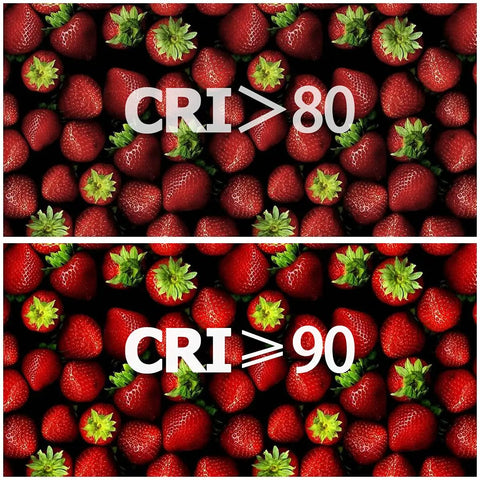 Comparison of strawberries under CRI greater than 80 and 90 showing color difference