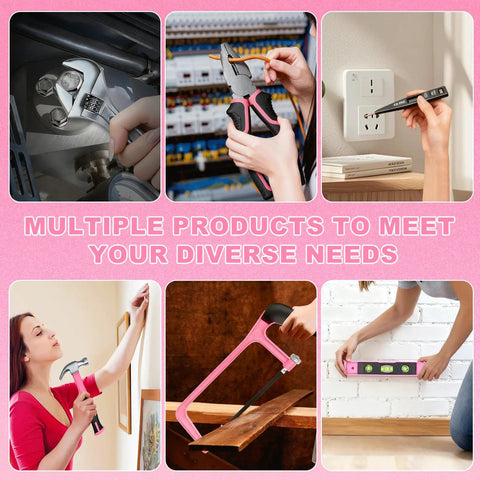 All In One 412 Piece Home And Auto Tool Set With Drawer Organizer And Case For Women And Men shown with tools in use.