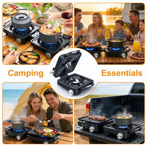 Two Burner Camping Stove With 24000 BTU Total Heat, Foldable Propane Stove for outdoor cooking with family by the lake