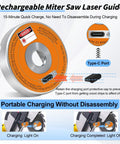 Rechargeable Miter Saw Laser Guide With Type C Fast Charging showing Type-C port and miter saw attachment details.