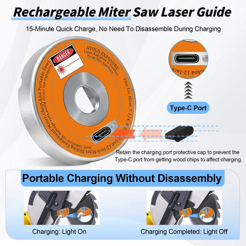 Rechargeable Miter Saw Laser Guide With Type C Fast Charging showing Type-C port and miter saw attachment details.