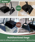 Large Upright Commercial Dustpan With Comb Teeth For Hair And Debris Cleanup, shown in indoor and outdoor settings