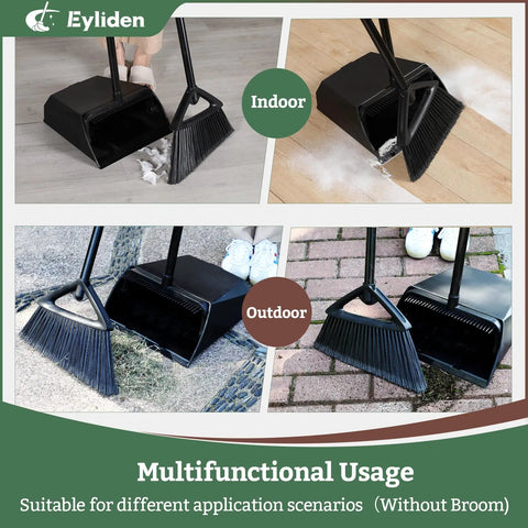 Large Upright Commercial Dustpan With Comb Teeth For Hair And Debris Cleanup, shown in indoor and outdoor settings