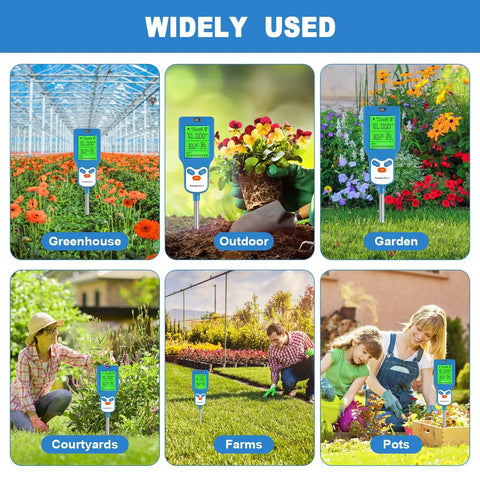 Dope 8 In 1 Soil Meter For Moisture pH Fertility Light And Temperature With Real Time Readouts And Ambient Humidity For Gardeners And Plant Lovers To Dial In Healthy Growth, blue handheld meter in greenhouse garden
