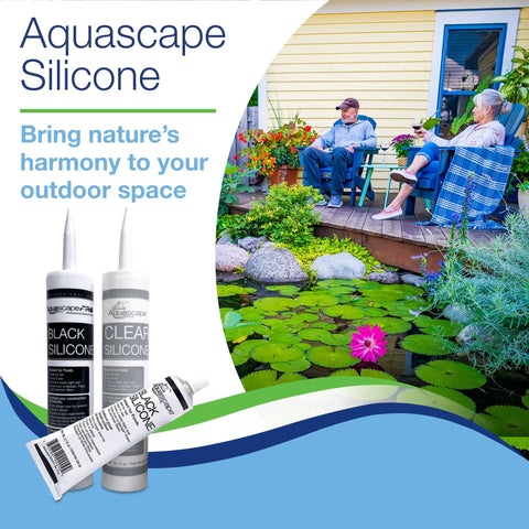 Clear Silicone Sealant For Ponds And Aquariums That Is Safe For Fish And Plants, 10.1 Ounce Caulk Tube shown by pond scene