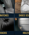 Leather Repair Filler For Holes, Tears, Cracks And Scratches On Car Seats, Furniture, And Shoes Flexible Paintable Crack Repair With Applicator, 100 Milliliters Dries Smoothly Long Lasting Finish Easy To Use image showing car seat scratches, shoe scuff, furniture crack, and leather seat hole