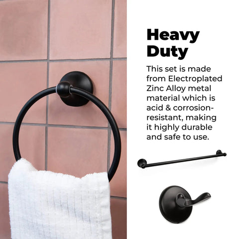 4 Piece Bathroom Hardware Set With 24 Inch Towel Bar Sleek Matte Black Finish Modern Round Design Wall Mount Kit With Towel Ring