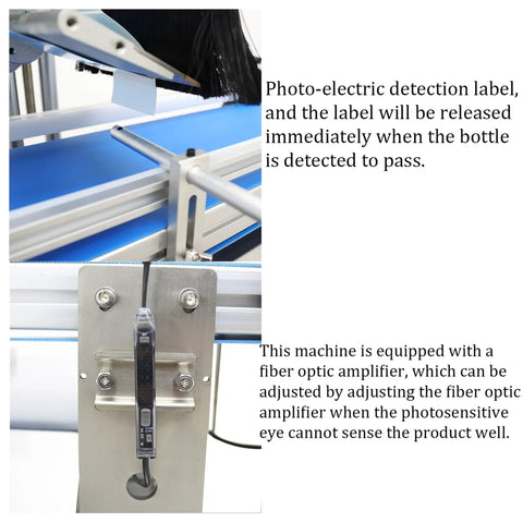 Close-up of photoelectric detection sensor on Desktop Conveyor Plane Labeling Machine 110V Plug And Play Adjustable Bottle Label Applicator.