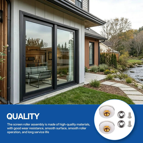 Heavy Duty Screen Roller Assembly 2 Pack Replaces 9311006 for Top Hung Sliding Patio Doors, showcasing the concave wheels and screws.
