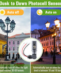 Outdoor Photocell Sensor For Dusk To Dawn Lighting, 120 To 277VAC 50 60 Hz, IP54, showing day and night demonstration image