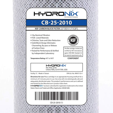 Label of Coconut Activated Carbon Block Water Filter 2.5 X 20 Inches 10 Micron NSF Certified 3 Pack showing specifications