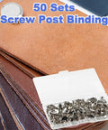 Top Shelf Chicago Binding Screws M5 X 6Mm In 50 Silver Sets Built From Tough Carbon Steel in clear case on leather.