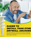 Man using Heavy Duty Self Drilling Drywall Anchors And Screws Kit With Reusable Storage Case Includes 50 Drywall Anchors And 50 Number 8 One And One Quarter Inch Screws For Quick No Pre Drill Install In Drywall Perfect For DIY Projects By Qualihome.