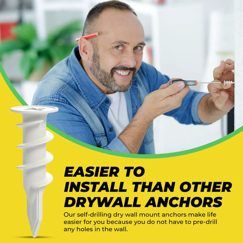 Man using Heavy Duty Self Drilling Drywall Anchors And Screws Kit With Reusable Storage Case Includes 50 Drywall Anchors And 50 Number 8 One And One Quarter Inch Screws For Quick No Pre Drill Install In Drywall Perfect For DIY Projects By Qualihome.
