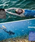 Four Pack Large Mesh Gear Bags For Snorkel Gear And Wetsuits 19 By 27 Inch Drawstring Swim Bags Polyester Dive Bag shown in swimming and diving scenes.