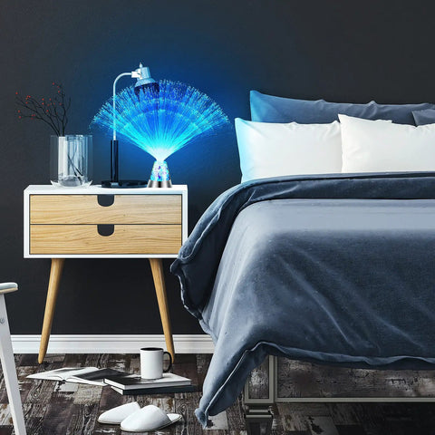 Two Pack LED Fiber Optic Lamps With Remote Control, 13.5 Inch Multicolor Changing Fiber Optic Lights With Crystal Base on bedside table