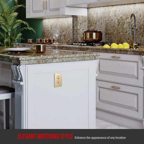 Gold Elite Series Tamper Resistant Duplex Outlet With Screwless Wall Plate in kitchen setting