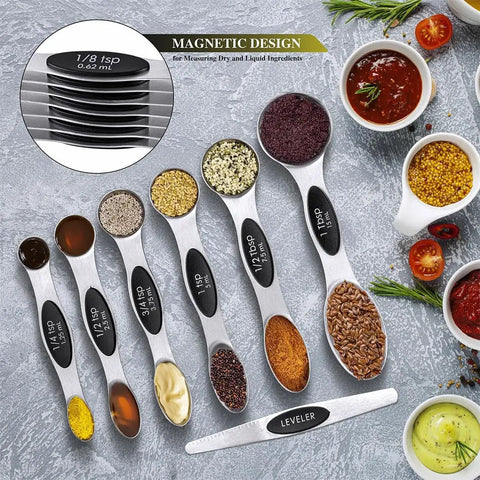 16 Piece Measuring Cups And Magnetic Spoons Set In Stainless Steel With 8 Nesting Cups And 7 Double Sided Magnetic Measuring Spoons Plus A Leveler For Dry And Liquid Ingredients A Handy Kitchen Must Have shown in a flat lay.