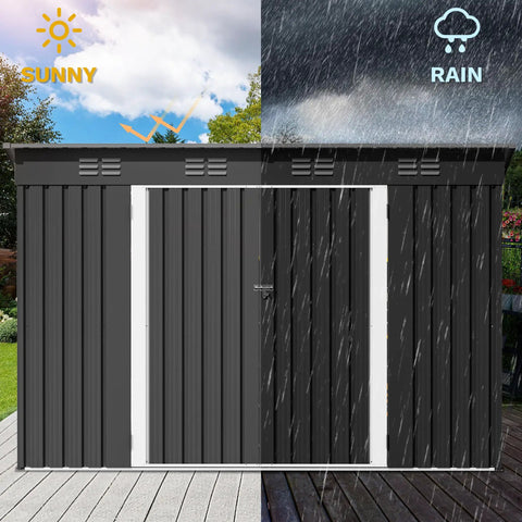 9x4 Outdoor Storage Shed With Windows And Lockable Double Doors Tough As Nails Steel Construction Sloped Roof Garden And Patio Organizer Large Backyard Tool Shed In Dark Gray in sunny and rainy weather
