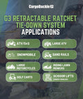 Chart showing applications for G3 Retractable Ratchet Tie Down System With Dual Safety Lock For Cargo