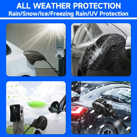 Magnetic EV Charging Port Cover Locks Tight To Shield From Nasty Winter Weather Heavy Duty Waterproof Oxford Fabric Blocks Snow Ice And Grit UV Proof For Road Warriors Everyday Black in various weather conditions.