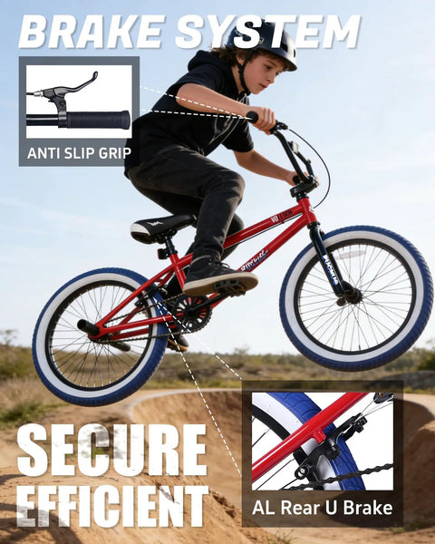 Freestyle 20 Inch BMX Bike For Beginners Kids 8 To 15 Red Frame With Blue Tires Kid Friendly Ride showing brake system in action