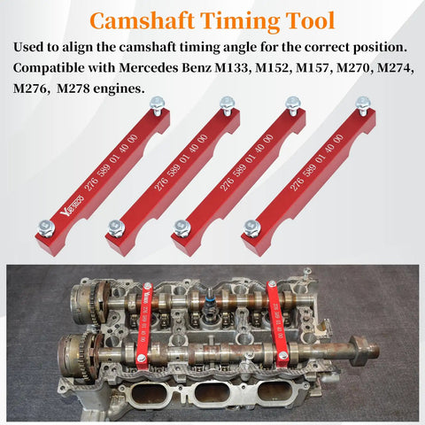 Pro Grade Engine Timing Locking Kit With 4 Camshaft Adjuster Tools for Mercedes Benz engines and camshaft displayed