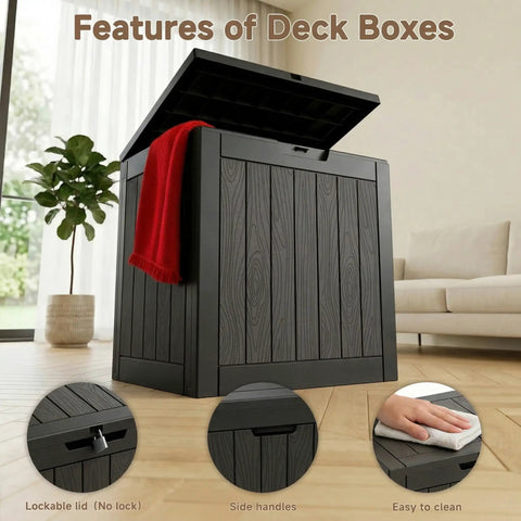 35 Gallon Outdoor Storage Box For Deck, Garden, And Patio, Lockable Weatherproof Resin Storage Chest in a room with features labeled.