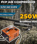 Rock Solid Heavy Duty High Pressure Portable Pcp Air Compressor shows orange 250W motor and air tank, ideal for quick tank top ups.