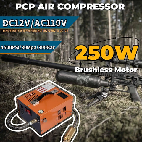 Rock Solid Heavy Duty High Pressure Portable Pcp Air Compressor shows orange 250W motor and air tank, ideal for quick tank top ups.