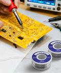 Easy Melt Rosin Solder Wire 63 37 Lead Tin for electronics repair shown with solder spool and circuit board