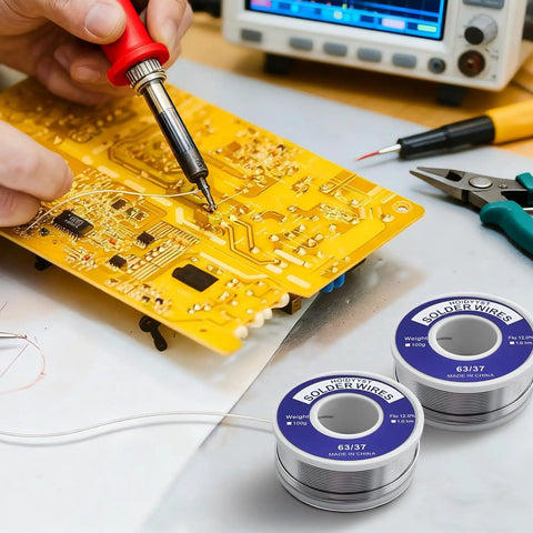 Easy Melt Rosin Solder Wire 63 37 Lead Tin for electronics repair shown with solder spool and circuit board