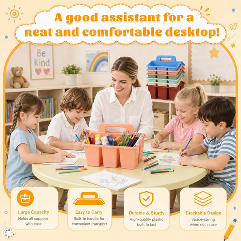 Teacher and children using Plastic Classroom Caddy With Handle Six Pack 4 Compartment Desk Organizer for art supplies