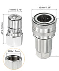 Top Shelf Heavy Duty Carbon Steel Hydraulic Quick Connect Coupler With M18 Female Thread Pipe Fitting Adapter showing sizes and dimensions.