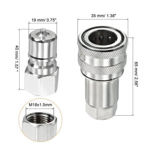 Top Shelf Heavy Duty Carbon Steel Hydraulic Quick Connect Coupler With M18 Female Thread Pipe Fitting Adapter showing sizes and dimensions.