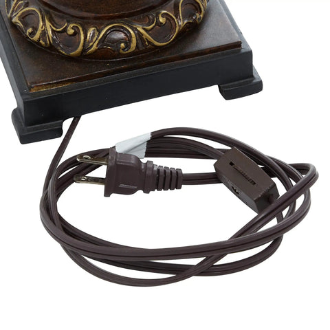Close-up of Rustic Polystone Uplight base with gold accent and power cord, part of Set Of 2 With Frosted Glass and Brown Finish