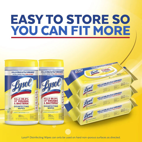 Disinfecting Handi Pack Wipes Lemon And Lime Blossom Scent 480 Count One Hand Dispense Easy To Store Grab And Go Ready Kills Ninety Nine Point Nine Percent Of Viruses And Bacteria shown in canisters and packs.