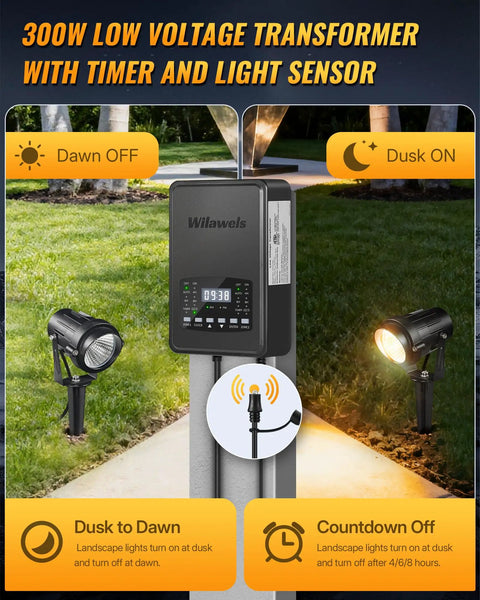 12 Pack Landscape Lights Kit With 300W Dual Zone Low Voltage Transformer 12V LED Landscape Lighting 3000K demonstration