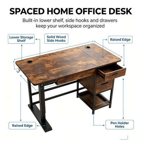 Rock Solid 48 By 24 Inch Electric Height Adjustable Standing Desk With Native Type C Fast Charging Port And Smooth Anti Collision Glide For Your Quick Sit Stand Workspace Upgrade Today, featuring lower shelf and side hooks.