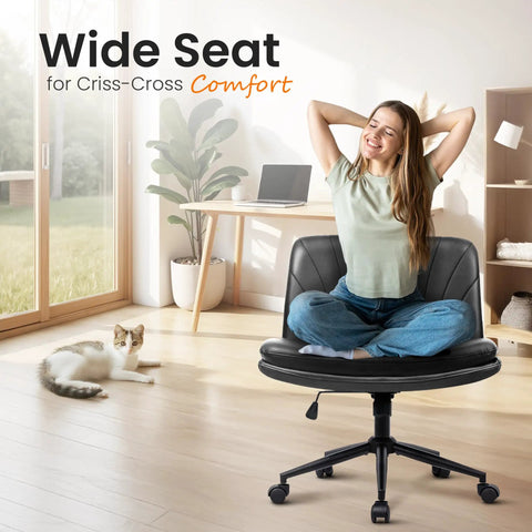Woman sitting cross-legged on Comfy Cross Leg Chair On Five Wheels For Home Office And Vanity Makeup Setup Armless Swivel Desk Chair