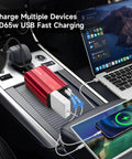 Hella Reliable 400w Power Inverter Dc 12v To 110v Ac Car Plug Adapter With 65w Pd Usb C And 18w Qc Usb A Fast Charging on car console.