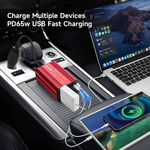 Hella Reliable 400w Power Inverter Dc 12v To 110v Ac Car Plug Adapter With 65w Pd Usb C And 18w Qc Usb A Fast Charging on car console.