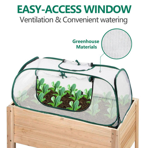 Pack Of 2 Garden Bed Covers 45 By 22 By 16 Inches Plastic Mini Greenhouses with seedlings and easy-access window on wooden bed