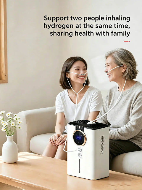 Two people using Game Changer High Purity Hydrogen Inhaler With 99.99 Percent Purity, SPE PEM Technology, Dual Port Design in a home setting