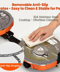 Cleaning stainless steel cooktop of Powerful 20,000 BTU Dual Burner Propane Camping Stove with removable anti-slip grates.