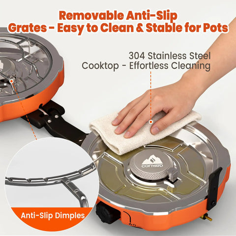 Cleaning stainless steel cooktop of Powerful 20,000 BTU Dual Burner Propane Camping Stove with removable anti-slip grates.
